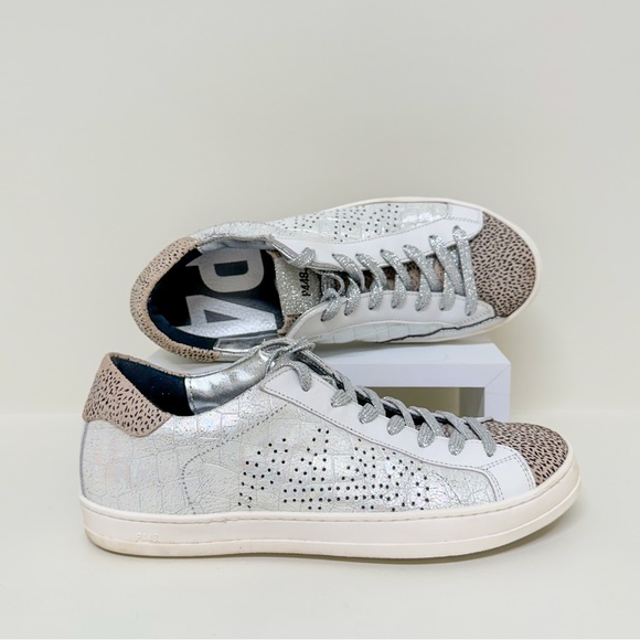 NEW P448 John Low Top Cheetah Print Textured Leather Sneakers in Metallic Silver - Picture 4 of 8